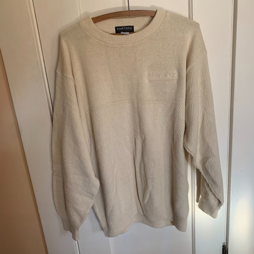 VTG 90s Vantage Custom‎ Sweater Logo L 100% Cotton Ivory Made in USA Crewneck